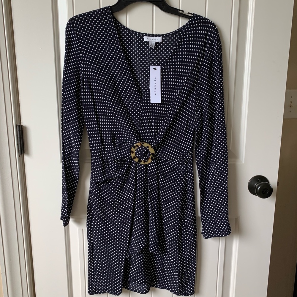 New Topshop Navy Blue V Neck Dress Long Sleeve 6 - Picture 6 of 7